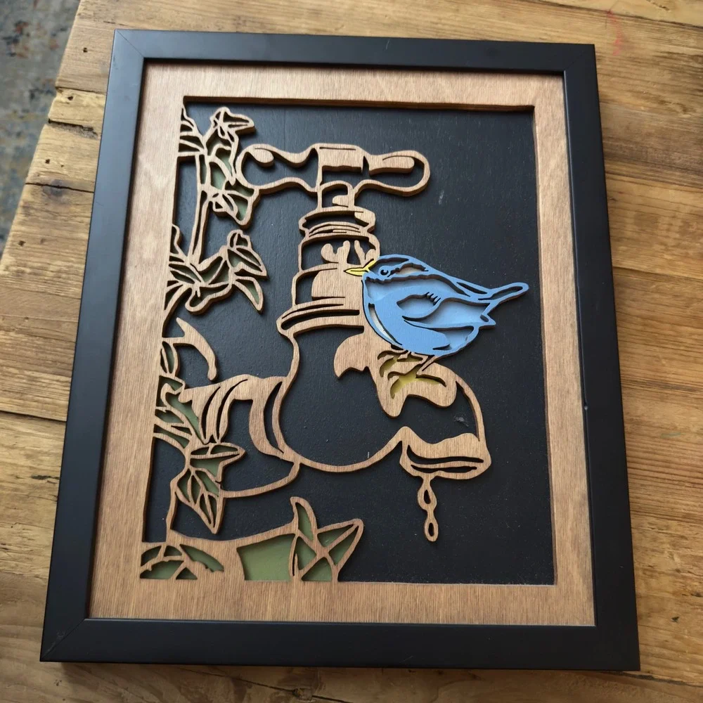 Layered Wood Bluebird Wall Art 11x14 Framed‎ Bird on Water Pump Farmhouse Decor